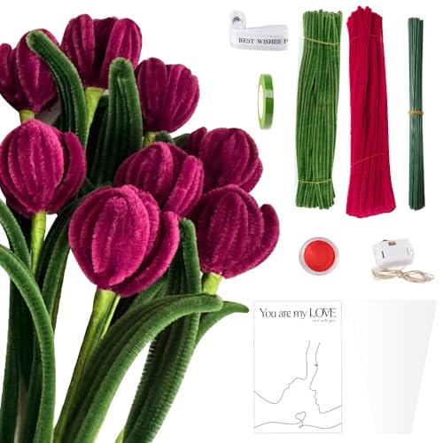 YANGUN Pfeifenreiniger Blumen, Pfeifenputzer zum Basteln, Pfeifenputzer Blumenstrauß zum Bastel, Pipe Cleaner mit Klebeband, Blumenpapier und Geschenkband für DIY Tulpe Blumenstrauß Handwerksprojekte von YANGUN