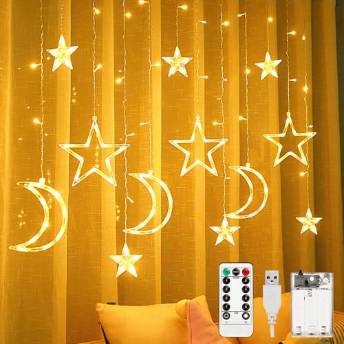 YANGUN Stern Mond Lichterketten 3.5m, Stern Mond LED, 120 LED Sterne Mond Vorhang Licht, led lichterkette sternenvorhang, led Batterie mit Fernbedienung für Ramadan, Party, Fenster, Hochzeit von YANGUN