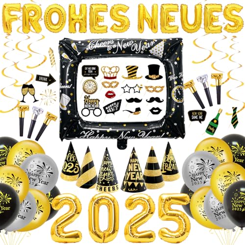 Silvester Deko Set 2025, “FROHES NEUES” Ballons, 2025 Folienballon, Happy New Year Luftballon, Fotorequisiten, Partytröten, Luftballons Schwarz Gold für Silvester Neujahr 2024 Party Deko von YANSYUN