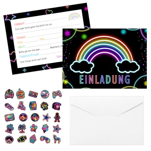 YANSYUN Einladungskarten Kindergeburtstag 12 Stück für Mädchen Jungen Einschulung Einladungskarten Neon Regenbogen Einladungskarten Geburtstag Inklusive Umschlägen und Aufklebern von YANSYUN