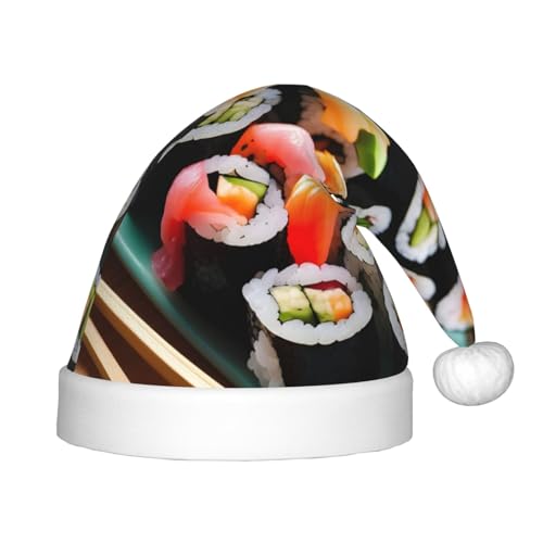 YANYU Festliche Weihnachtsmütze mit Sushi-Druck, personalisierbar, Weihnachtsmannmütze, Urlaubsparty-Zubehör, Weihnachtsmütze von YANYU