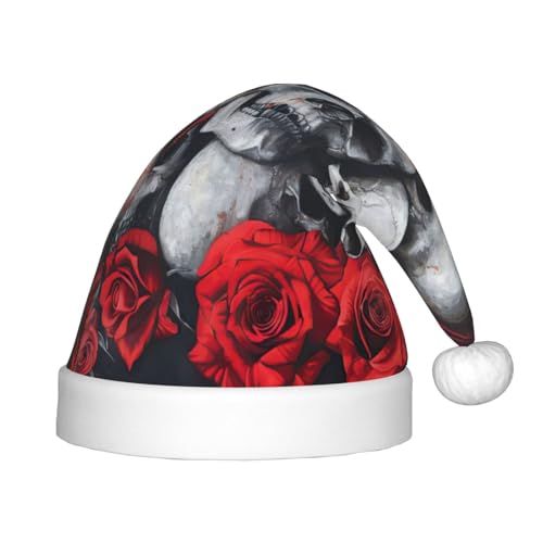 YANYU Weihnachtsmütze mit Totenkopf und roter Rose, personalisierbar, Weihnachtsmannmütze, Urlaubsparty-Zubehör, Weihnachtsmütze von YANYU