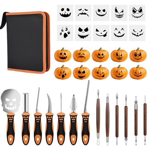 YAOMAISI Kürbis Schnitzset 13 teilig,Halloween Heavy Duty Edelstahl Schnitzwerkzeuge mit Tragetasche,einfache Schnitzerei Halloween Kürbis Dekoration für Erwachsene und Kinder von YAOMAISI