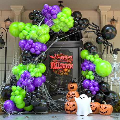 135 Stück Halloween-Luftballons, schwarz-grün-violett, Ballon-Girlande, Bogen-Set mit Spinnennetz, lange Ballons für Halloween-Party-Dekoration, Feiern, Süßes oder Saures von YAOWKY