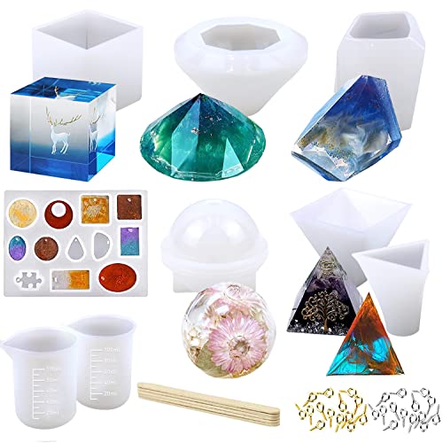 YAOYIN Epoxidharz Formen Set, 43 Stück DIY Silikonformen Gießformen Epoxidharz Einschließlich Sphärische, kubische, Pyramide, Diamant, mit Messbecher und Sticks für Einem Anfängerset von YAOYIN