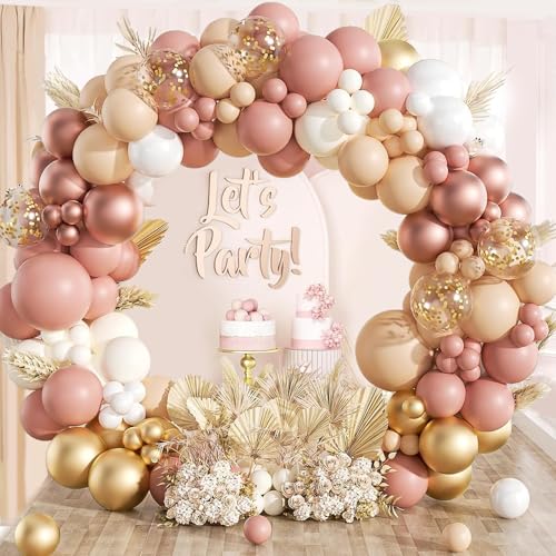 YAOYIN Luftballons Geburtstag Rosa Gold, 111 Stück Vintage Rosa Ballon Girlande mit Beige Ballons und Konfetti Ballons, Luftballon Girlande Rosa für Geburtstagsdeko Mädchen Frauen, Babyparty, Hochzeit von YAOYIN