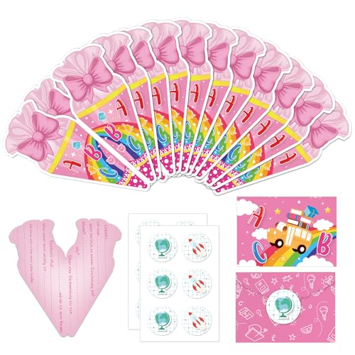 YAOZUP Einladung Einschulung, 12pcs Rosa Einladungskarten zur Einschulung mit 12pcs Umschlag und 2pcs Aufkleber, Zuckertüte Geformte Einschulungskarten für Schulanfang Deko Schultüte Mädchen von YAOZUP