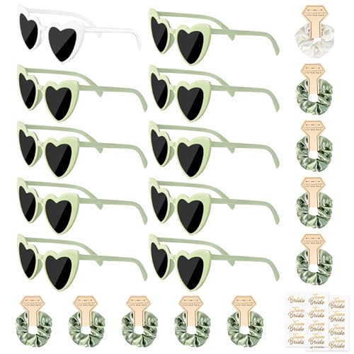 YAOZUP Jga Accessoires Frauen, 22 Stück JGA Deko Accessoires, 10 Herz Sonnenbrille+10 Bride Haargumm, Bride to Be Herz Brille Set, Jungesellinnenabschied Frau Accessoires für JGA Party Hochzeit (Grün) von YAOZUP