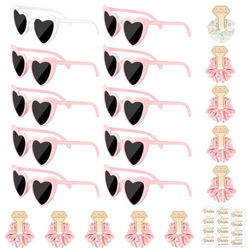 YAOZUP Jga Accessoires Frauen, 22 Stück JGA Deko Accessoires, 10 Herz Sonnenbrille+10 Bride Haargumm, Bride to Be Herz Brille Set, Jungesellinnenabschied Frau Accessoires für JGA Party Hochzeit (Rosa) von YAOZUP