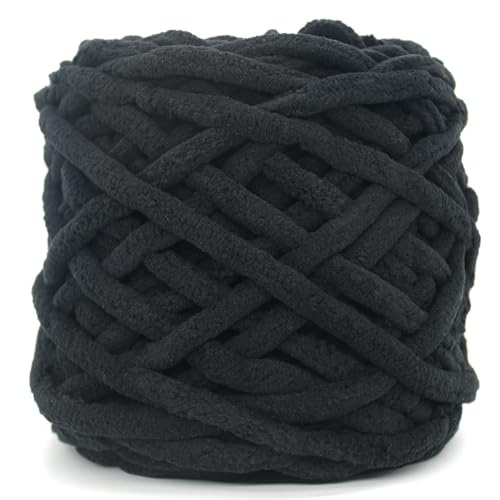 Dickes Chenille-Garn zum Häkeln, schwarzes, flauschiges Samt-Plüschgarn, dickes, weiches, klobiges Chenille-Garn, Babydeckengarn zum Häkeln, Stricken, Anfänger, 100 g (schwarz) von YARFOFUN