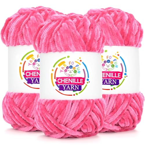 Samt-Chenille-Garn zum Häkeln, flauschiges Samt-Plüschgarn, dickes, weiches, klobiges Chenille-Garn, Babydeckengarn zum Häkeln, Stricken, Anfänger, 3 Stück (Hot Pink) von YARFOFUN