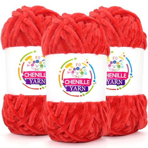 Samt-Chenille-Garn zum Häkeln, rotes flauschiges Samt-Plüschgarn, dick, weich, klobig, Chenille-Garn, Babydeckengarn zum Häkeln, Stricken, Anfänger, 3 Stück (Rot von YARFOFUN