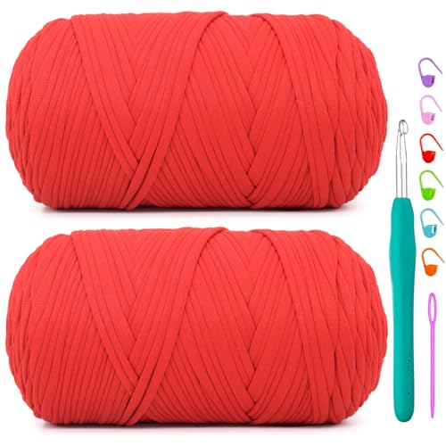 T-Shirt-Garn zum Häkeln, rotes T-Shirt, weicher, elastischer Stoff, grob, dick, T-Shirt-Häkelgarn zum Häkeln, Stricken, Anfänger, Handstricken, Tasche/Basteln/Heimdekoration, 2 x 400 g, Rot T-Shirt-Garn zum Häkeln, rotes T-Shirt, weicher, elastischer Stoff, grob, dick, T-Shirt-Häkelgarn zum Häkeln, Stricken, Anfänger, Handstricken, Tasche/Basteln/Heimdekoration, 2 x 400 g, Rot von YARFOFUN