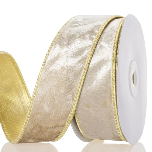 YASEO 1 1/2 Zoll Champagner Samt Drahtband - Doppelseitiges Gold Metallic und Champagner Samt Handwerk Stoffband, Perfekt für Weihnachtsschleifen, Geschenkverpackungen, Heimdekor, 9,1 m/Rolle von YASEO