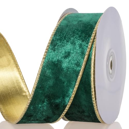 YASEO 1 1/2 Zoll Waldgrünes Samtband mit Draht - Doppelseitiges Gold Metallic und Grün Samt Handwerk Stoffband, Perfekt für Weihnachtsschleifen, Geschenkverpackungen, Heimdekoration, 9,1 m/Rolle von YASEO