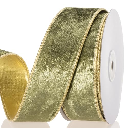 YASEO 1 1/2 Zoll olivgrünes Samtband mit Draht - Doppelseitiges Gold Metallic und Olive Velvet Craft Stoffband, perfekt für Weihnachtsschleifen, Geschenkverpackungen, Heimdekoration, 9,1 m/Rolle von YASEO