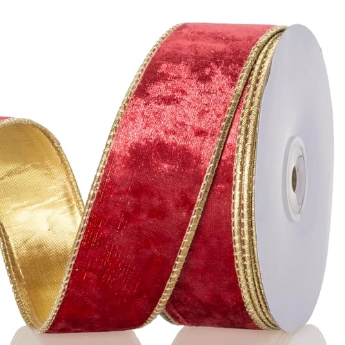 YASEO 1 1/2 Zoll rotes Samtband mit Draht - Doppelseitiges Gold Metallic und Rot Samt Handwerk Stoffband, perfekt für Weihnachtsschleifen, Geschenkverpackungen, Heimdekoration, 9,1 m/Rolle von YASEO