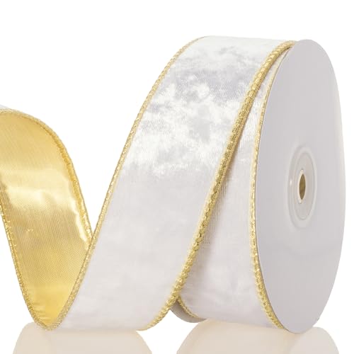 YASEO 1 1/2 Zoll weißes Samtband mit Draht - Doppelseitiges Gold Metallic und Weiß Samt Handwerk Stoffband, perfekt für Weihnachtsschleifen, Geschenkverpackungen, Heimdekoration, 9,1 m/Rolle von YASEO