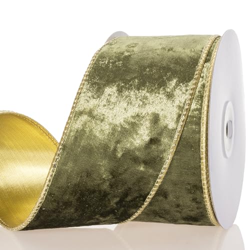 YASEO 2 1/2 Zoll olivgrünes Samtband mit Draht - Doppelseitiges Gold Metallic und Olive Velvet Craft Stoffband, perfekt für Weihnachtsschleifen, Geschenkverpackungen, Heimdekoration, 9,1 m/Rolle von YASEO