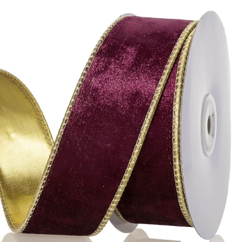 YASEO 3,8 cm Burgunderrotes Samtband mit Draht – doppelseitiges Gold-Metallic- und Burgunderrot-Samt-Bastelband, perfekt für Weihnachtsschleifen, Geschenkverpackungen, Heimdekoration, 9,1 m/Rolle von YASEO