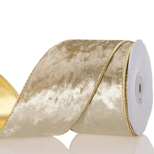 YASEO 6,4 cm Champagner-Samtband mit Draht – doppelseitiges Gold-Metallic- und Champagner-Samt-Bastelband, perfekt für Weihnachtsschleifen, Geschenkverpackungen, Heimdekoration, 9,1 m/Rolle von YASEO