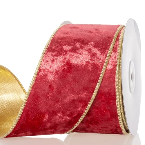 YASEO 6,4 cm rotes Samtband mit Draht – doppelseitiges goldfarbenes Metallic- und rotes Samt-Bastelstoffband, perfekt für Weihnachtsschleifen, Geschenkverpackungen, Heimdekoration, 9,1 m/Rolle von YASEO