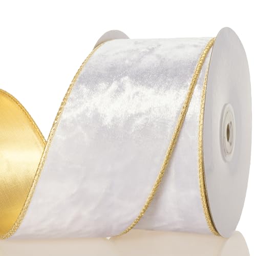 YASEO 6,4 cm weißes Samtband mit Draht – doppelseitiges goldfarbenes Metallic- und weißes Samt-Bastelstoffband, perfekt für Weihnachtsschleifen, Geschenkverpackungen, Heimdekoration, 9,1 m/Rolle von YASEO