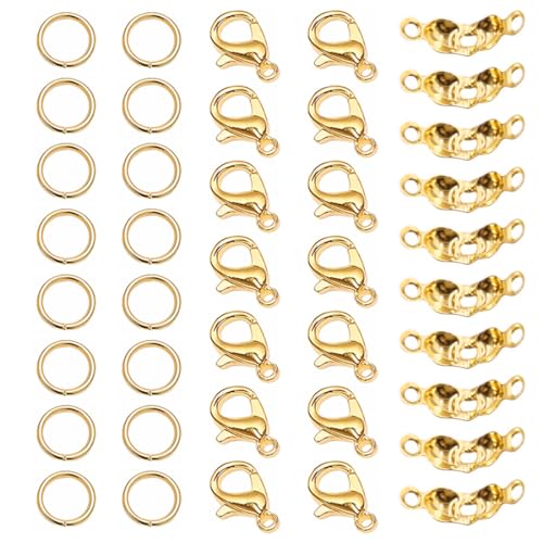 YATEICBC 100 Stück Hummer Verschluss Armband,Armband Verschluss Set,Armband Machen Verschluss, offene Sprung Ringe, Crimp Enden für DIY Handgemachten Schmuck Halskette Armband (Gold) von YATEICBC