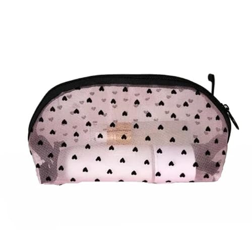 YATINGZHANG Makeup Bag Kosmetiktasche aus Netzstoff mit Liebesdruck, tragbarer Kulturbeutel, Make-up-Tasche, multifunktional, transparent, for Damen, Lippenstift Make Up Bag(Pink-NO.2) von YATINGZHANG