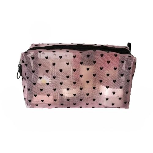 YATINGZHANG Makeup Bag Kosmetiktasche aus Netzstoff mit Liebesdruck, tragbarer Kulturbeutel, Make-up-Tasche, multifunktional, transparent, for Damen, Lippenstift Make Up Bag(Pink-NO.4) von YATINGZHANG