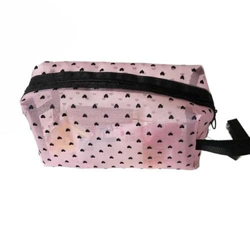 YATINGZHANG Makeup Bag Kosmetiktasche aus Netzstoff mit Liebesdruck, tragbarer Kulturbeutel, Make-up-Tasche, multifunktional, transparent, for Damen, Lippenstift Make Up Bag(Pink-NO.5) von YATINGZHANG