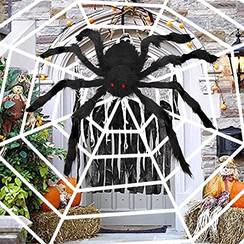 YATOSEEN Halloween Spinnennetz Dekoration, Riesenspinne Schwarz 75 cm Fake Dehnbares Spinnennetz Set Requisiten 10FT Runde Halloween Deko Partydekoration für Tür Wohnzimmerecke Garten Hotel Bar von YATOSEEN