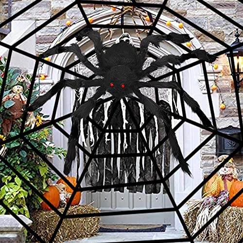 YATOSEEN Halloween Spinnennetz Dekoration, Riesenspinne Schwarz 75 cm Fake Dehnbares Spinnennetz Set Requisiten 10FT Runde Halloween Deko Partydekoration für Tür Wohnzimmerecke Garten Hotel Bar von YATOSEEN