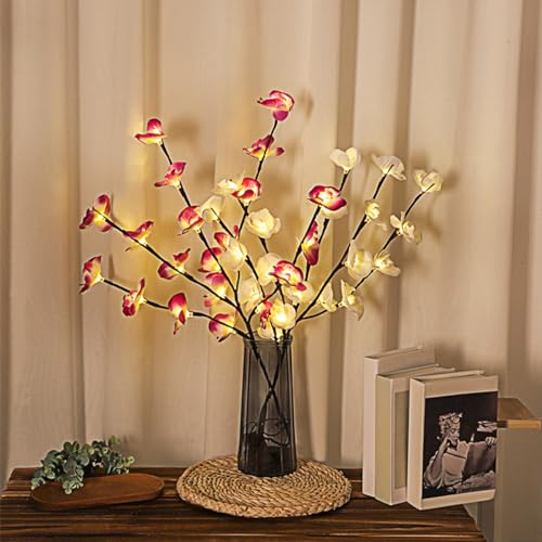 YATOSEEN Lichterzweige, 20X2 LED-Beleuchtete Künstliche Orchideenblüten, Lichterketten, Lichterzweige Innen für Tischparty, Wohnzimmer, Schlafzimmer, Dekoration (2 Pack, Lila + Weiß) von YATOSEEN