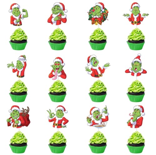 YATOSEN Cupcake Topper Grinch Weihnachten Food Fruit Picks für Party Kuchen Dessert Dekoration (12 Stück/Set) von YATOSEN