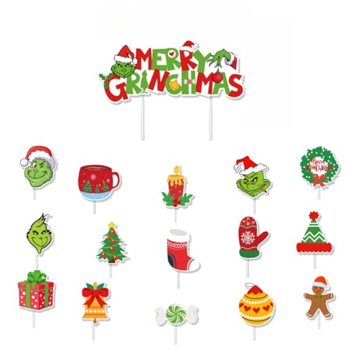 YATOSEN Cupcake Topper Grinch Weihnachten Food Fruit Picks für Party Kuchen Dessert Dekoration (16 Stück/Set) von YATOSEN