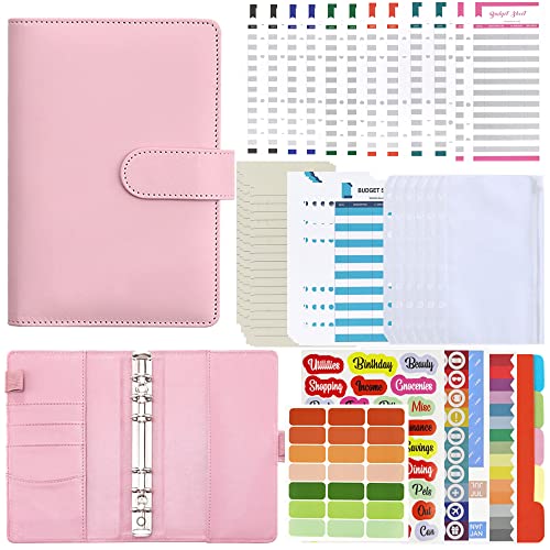 A6 Binder Notizbuch 88 pcs Budget Binder Set,Budget Planner Leder mit Klar Plastik Binderumschlägen, 6 Löcher Loseblatt Notizbuch Spesenbudgetblätter Notebook Ringbuchordner (Pink) von YAVO-EU