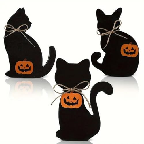 Tablett mit mehreren Ebenen aus Holz für schwarze Katzen, Dekor aus schwarzem Katzenholz mit – Halloween-Ornament mit -Silhouette | Tischblockschild Rustiq von YAVQVIN