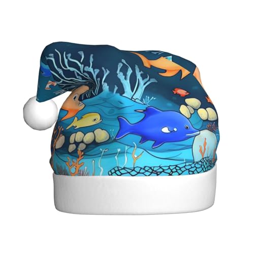 YAzgaN Blaue Unterwasserwelt der Fische, Weihnachtsmütze, Unisex, für Erwachsene, Plüschmaterial, weich und leicht, ein tolles Accessoire für festliche Weihnachtskostümpartys. von YAzgaN