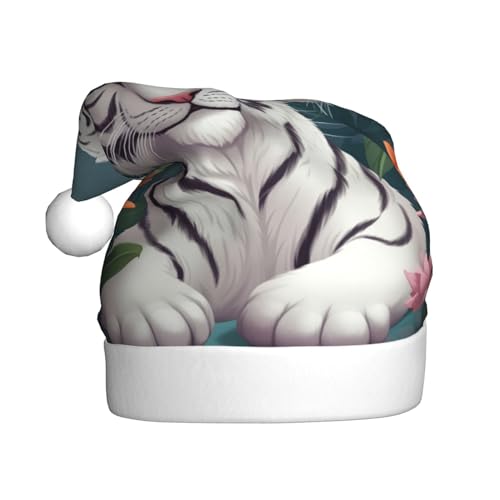 YAzgaN Niedliche Weihnachtsmütze mit weißem Tiger, unisex, für Erwachsene, Plüschmaterial, weich und leicht, ein tolles Accessoire für festliche Weihnachtskostümpartys. von YAzgaN