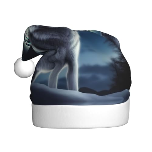 YAzgaN Weihnachtsmütze mit Wolf unter dem Mond, Unisex, für Erwachsene, Plüschmaterial, weich und leicht, ein tolles Accessoire für festliche Weihnachtskostümpartys. von YAzgaN