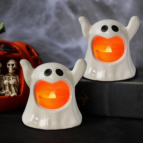 YBB Halloween-Geisterkerzen-Teelichter, flammenlose weiße Geisterfigur, beleuchtete Dekoration für Halloween-Party, Schreibtisch, Tischdekoration, 8,9 x 8,9 cm, 3 Stück von YBB