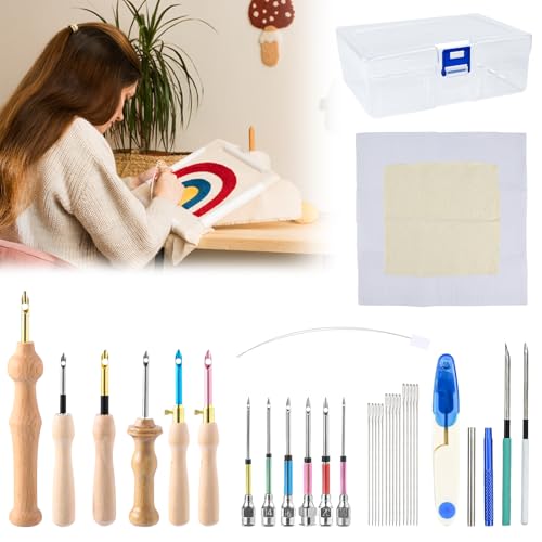 YBCCBY 35 Stück Punch Needle Set Stickerei anfänger stanznadel Holzgriff Sticknadel Verstellbar Kreuzstich Set Punchneedle Stick Nadel Stickstift Embroidery Kit für DIY Nähen Stickerei von YBCCBY