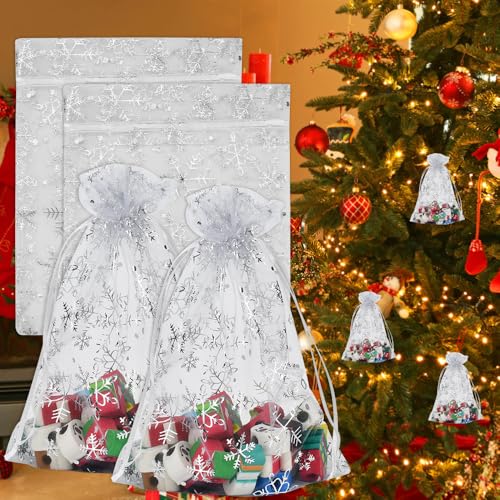 YBCCBY Organzasäckchen Weihnachten Organzabeutel Weiß Geschenktüte Organza Geschenkbeutel Weihnachten Geschenksäcke mit Kordelzug Weihnachtsbeutel Organzasäckchen Silber Weihnachtssäckchen für Party von YBCCBY