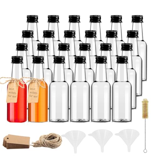 YBCPACK Kleine Flaschen zum Befüllen 100ml 24 Stück Mini Likörflaschen - Plastik Schnapsflaschen mit Deckel für Hochzeit, Party, Kunst - Inklusive Mini Trichter, Juteanhänger, Seile und Bürste von YBCPACK