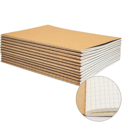 YBCPACK Kraft Notizbuch A5 Kariert, 12 Notizbücher Set, Kariert Notizheft mit 60 Seiten (30 Blätter), Notizblock für Büro, Schule & Reisen (21x14cm) von YBCPACK