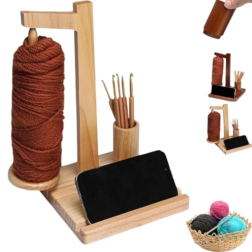 YBJUTT Wooden Yarn Holder Phone Stand, Wooden Yarn Spool Rack, 3-in-1 Magnetic Yarn Holder, Crochet Hook Storage, Yarn Holder for Crocheting, Wooden Yarn Holder for Crocheting (Original Wood) von YBJUTT