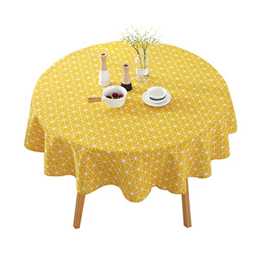 YBK Tech Weiche Tischdecke aus Baumwolle und Leinen, rund, für runde oder quadratische Tische, geometrische Muster, Gelb, 140 cm Durchmesser von YBKTEX