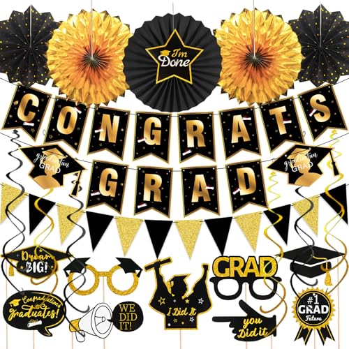 YBwanli 23 Stück,graduation deko,abschluss deko,prüfung bestanden deko,herzlichen glückwunsch girlande,fotobox accessoires,Black and Gold Wimpel Girlande Spiralen Dekoration Montage von YBwanli