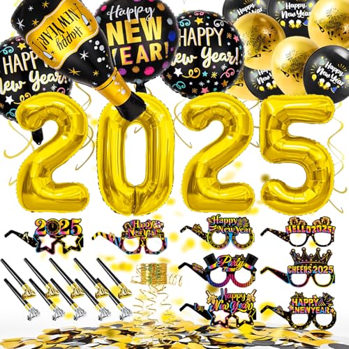 YBwanli Silvester Deko 2025, Happy New Year Deko XXL 2025 (32ZOLL) Folienballons, Konfetti aus schwarzem Gold,Fotorequisiten,silvester deko2025 party set von YBwanli